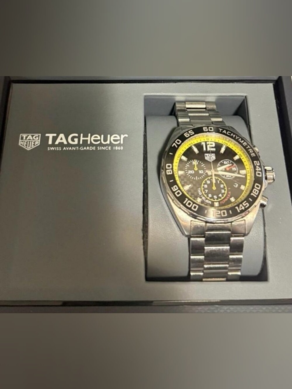 Tag Heuer Stainless Steel Chronograph Watch - Black & Yellow Accents